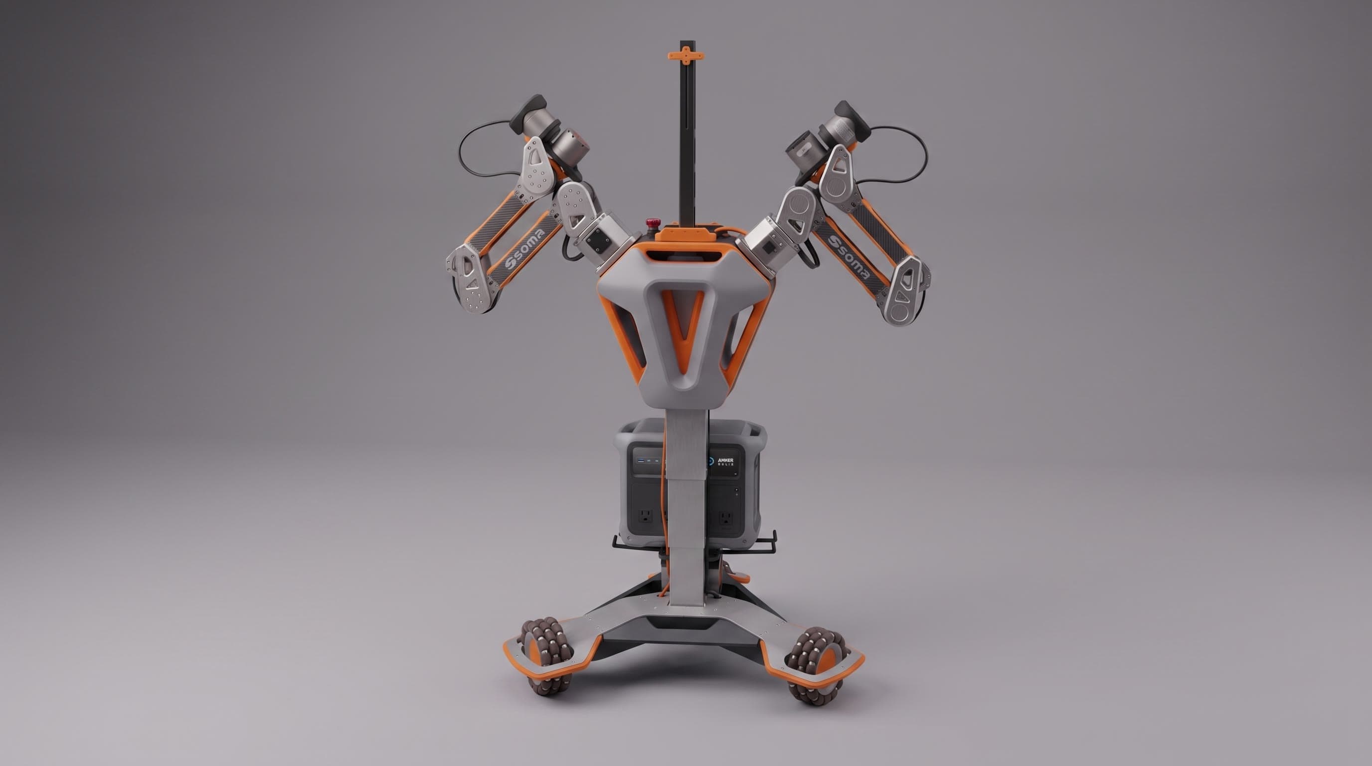 soma one rendering with dual arms, a lift column, and a mobile base